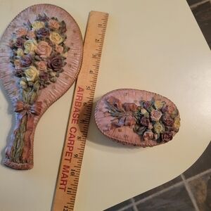 Vintage Rose Ceramic Mirror and matching Trinket Set